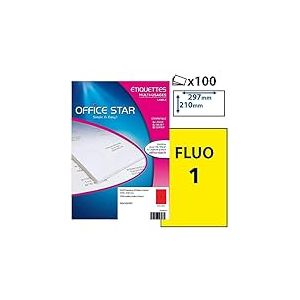 OFFICE STAR - 100 Étiquettes Autocollantes Multi-Usages Jaunes Fluo Personnalisables Imprimables - Format 210 x 297 mm - Impression Laset Jet d'Encre et Copieur