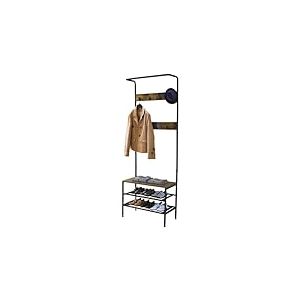 Amig - Porte-manteau avec étagère à chaussures Lukïen | Meuble d'entrée avec banc de style industriel | 183x66x32,5 cm | Métal et bois | Noir et marron | Meuble de couloir ou d'entrée
