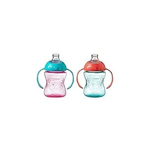 Nuby Grip N Sip – Tasse d’apprentissage avec poignée | Bec souple antifuites | 240ml | Rose et Orange | + 4 mois | 2 Pack