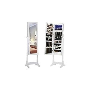 SONGMICS LED Armoire &agrave; Bijoux Armoire de Rangement sur Pieds avec Serrure Miroir Toute-Longueur 4 &Eacute;tag&egrave;res 2 Tiroirs Blanc JBC94W