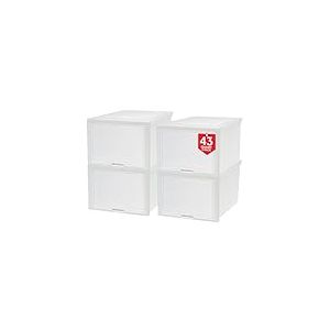 IRIS USA Lot de 4 grands systèmes de rangement empilables pour vêtements, commode en plastique avec porte rabattable, idéale pour placard, maison, bureau, chambre à coucher, blanc, 42 l