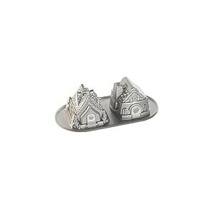 Nordic Ware Moule à Gâteau Petites Maisons, Moule Maison Pain d'Épices en Fonte d'Aluminium avec 2 Motifs Uniques, Moule Gâteau Antiadhésif Fabriqué aux États-Unis, Couleur : Argenté