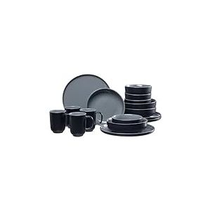 Ritzenhoff & Breker Service de table Jasper, 16 pi&egrave;ces, noir, en gr&egrave;s, assiettes, bols et gobelets pour 4 personnes