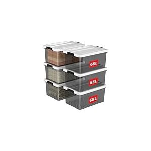 Cetomo 65L*6 Boîte de Rangement, Bac de rangement avec Poignée, Plastique Organisateur avec Couvercle, Empilable, Transportable, pour Vêtements, Bureau, Dortoirs, Transparent Noir, 65L - Lot de 6