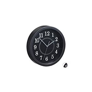 Relaxdays 10024285_46 Horloge murale ronde, 20 cm, Petite pendule à accrocher au mur, design classique, piles, noire, plastique, métal, One size