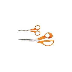 Fiskars Classic Set de Ciseaux, Ciseaux Universels (21cm) et Ciseaux de Couture (13cm), Lame en Acier Inoxydable/Poignée en Plastique, Orange, 1003031