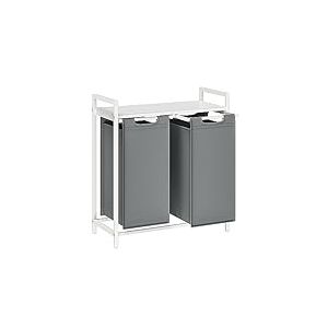 VASAGLE Panier &agrave; Linge 2 Compartiments, Corbeille &agrave; Linge Sale, 2 Sacs Amovibles en Tissu Oxford, &Eacute;tag&egrave;re, Cadre en M&eacute;tal, 2 x 46 L, 73 x 33 x 72 cm, Gris Adoise et Blanc Mat BLH201W11