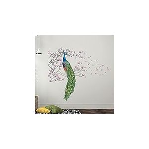 Wallflexi Autocollant Mural Paon et Magnolia Arbre Décoration Murale Murals Amovible Autocollant Décalques Bureau Décoration de Maison, Multicolore