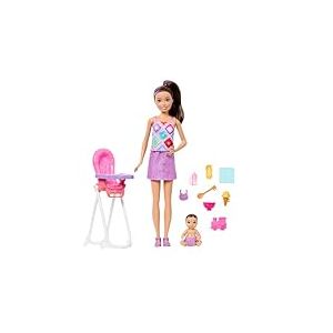 Barbie Coffret Skipper Baby-Sitter, avec poup&eacute;e brune, poup&eacute;e d&rsquo;enfant brune, chaise haute et 8 accessoires dont de la nourriture, JJB44
