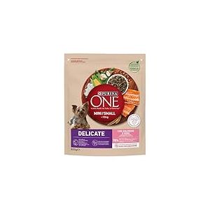 Purina One Mini croquettes pour Chien délicates avec Saumon et Riz, pour Chiens jusqu'à 10 kg – 8 Sacs de 800 g chacun