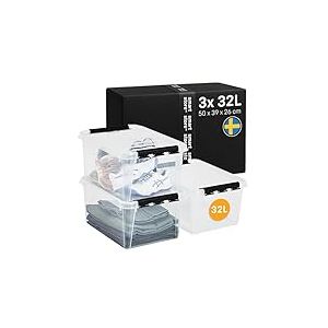 SmartStore Boite rangement Lot de 3 boites rangement plastique 32 l, bac plastique avec couvercle, verrouillables, empilables et emboîtables, sans BPA, 50 x 39 x 26 cm, Claire