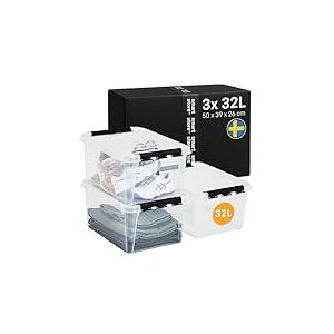 SmartStore Boite rangement Lot de 3 boites rangement plastique 32 l, bac plastique avec couvercle, verrouillables, empilables et emboîtables, sans BPA, 50 x 39 x 26 cm