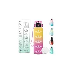 Baramumu Gourde, 500ML Sans BPA, Gourde Enfant, Avec Horodatage, Bouteille Anti Fuite, Conception de Verrouillage Anti-Fuite, Bouteille plastique pour &Eacute;cole, Yoga, En cours d'ex&eacute;cution - Jaune&rose