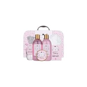 Accentra - Set cadeau Princess Kitty pour filles & femmes - Kit douche 7 pcs avec bain moussant, exfoliant, gel, lotion pour corps etc. - Assortiment soins odeur fraise & vanille dans coffret cadeaux