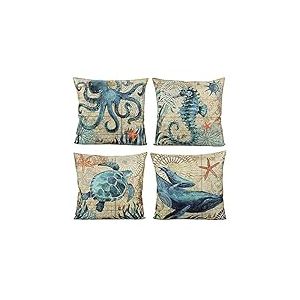 VAKADO Méditerranéen Housse de Coussin Nautique Tortue Marine Hippocampe Poulpe Pieuvre Baleine Taie d’Oreiller 45x45cm la Vie de Mer Océan Animaux Décoratives pour Chambre Salon Canapé Lit Lot de 4