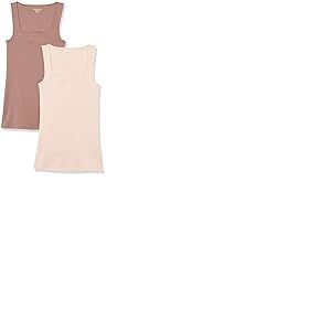 Amazon Essentials Débardeur à Encolure Carrée, Coupe Ajustée Femme, Lot de 2, Beige Clair/Taupe Foncé, L