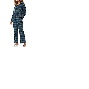Amazon Essentials Ensemble pyjama en flanelle &agrave; manches longues et pantalon boutonn&eacute; sur le devant pour femme, motif &eacute;cossais Blackwatch bleu cobalt, vert et bleu, taille L