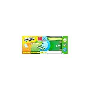Swiffer Kit Complet Nettoyage: Balai Attrape-Poussière (1 Balai + 8 Lingettes Sèches + 3 Lingettes Humides) + Plumeau (1 Manche + 1 Recharge), Tête Pivotante 360°, Pour Poils d'Animaux
