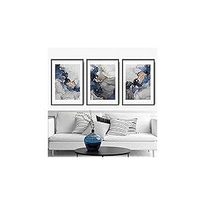 Artze Wall Art Tableau abstrait 3 pièces - 30 x 40 cm - Bleu marine/gris/doré