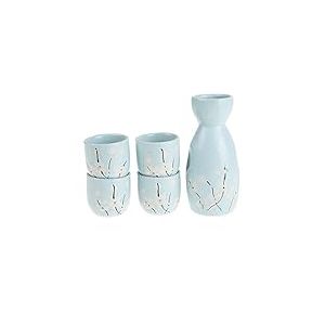 lachineuse - Service à Saké Fleurs de Cerisier Bleue - avec 4 Bols & Carafe - Verres à Saké Japonais - Cadeau Vaisselle Asiatique - Service Saké Porcelaine Japon - Idée Cadeau - Bleu Ciel