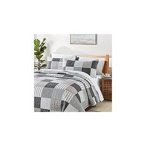 HIARUO Parure de lit l&eacute;g&egrave;re 3 pi&egrave;ces avec Couvre-lit &agrave; Carreaux en Patchwork de Style Rustique avec 2 taies d'oreiller pour Toutes Les Saisons - Gris, Marron, Blanc