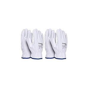 DONAU SAFETY Gants de travail en cuir de ch&egrave;vre de qualit&eacute; sup&eacute;rieure - 1 paire - Taille 9 - Blanc - Gants en cuir avec poignet &eacute;lastique - Gants de montage - Gants de protection pour conducteur