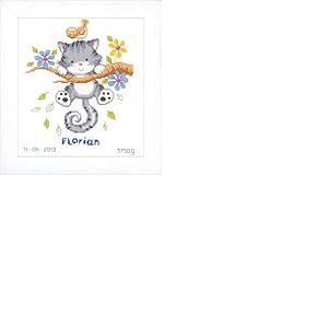 Vervaco Point De Croix Compté Kit DIY Cadeau Bebe Naissance Personnalisé CHATON JOUANT Tableau Complet Kit De Broderie Loisir Créatif Maison Décoration ca. 20 x 22 cm Cross Stitch