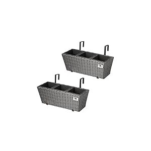 Jardinière de Balcon en polyrotin avec Supports de Suspension 47 x 17 x 15 cm 3 Inserts en Plastique Gris