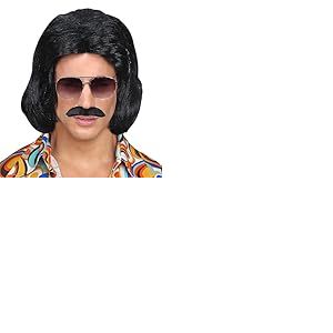 Black 70s Dandy WIG & Moustache in Box -
