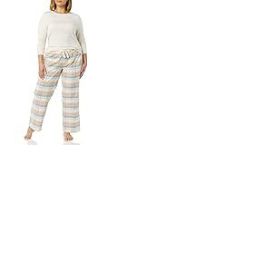 Amazon Essentials Ensemble de Pyjama léger en Flanelle pour Femme avec Pantalon et t-Shirt à Manches Longues - Avoine chiné/Beige/Bleu poussiéreux - Motif écossais mélangé, L