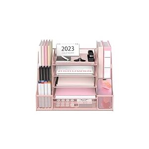SUPEASY Organiseur de bureau en maille avec porte-fichiers, bac &agrave; courrier &agrave; 5 niveaux avec porte-magazines, organiseur de bureau et tiroir pour fournitures de bureau, maison ou &eacute;cole, rose