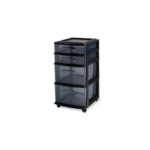 HOMZ Tour à tiroirs, chariot de rangement en plastique noir transparent à 4 niveaux, cadre noir
