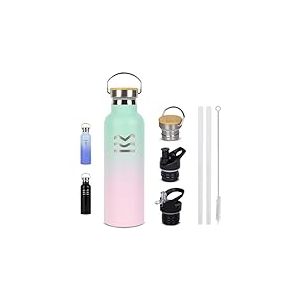 Gourde Isotherme 750 ml Rose - HUIIKE | Bouteille Isotherme avec 3 Bouchons, Gourde Inox 12h Chaude & 24h Froide | Bouteille Thermos avec Paille, Water Bottle Sans BPA | Acier Inox Sport Reutilisable