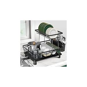 Rottogoon Grand &eacute;gouttoir &agrave; Vaisselle &agrave; 2 Niveaux en Acier Inoxydable pour comptoir de Cuisine, &eacute;gouttoir &agrave; Vaisselle Durable avec &eacute;gouttoir, Porte-ustensiles pour Divers ustensiles de Cuisine, Noir