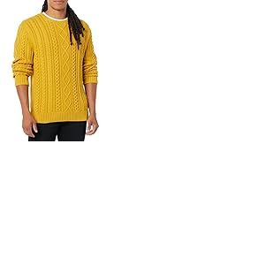 Amazon Essentials Pull Ras-du-Cou Torsadé, Type Côtes Anglaises, à Manches Longues, 100% Coton Homme, Jaune Moutarde, XS