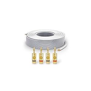 PureLink Câble d'enceinte SP061-015 2x2,5 mm² (99,9% de cuivre OFC, Fil toronné de 0,20 mm) Câble d'enceinte HiFi, 15 m, Blanc, Jeu Comprenant 4 fiches Bananes