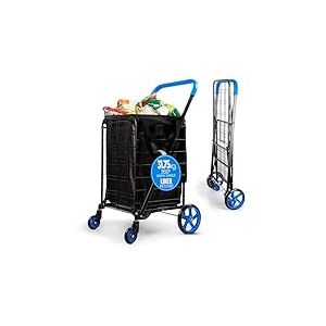 SereneLife Chariot de Courses - Caddie de Courses Pliable - Chariot à roulettes Portable avec Capacité de 32 kg - Doublure Amovible et Résistante aux Intempéries - Roues Pivotantes à 360° - Bleu