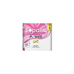 Sopalin Power - Essuie-tout Multi-usages, 1 Rouleau Power égal à 5 Rouleaux Classiques, 250 feuilles, Ultra Résistant, Blanc (Lot de 6)