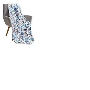 VCNY Home Couverture d&eacute;corative Ocean Life : Polaire en Velours Doux avec Nuances de Bleu Gris sur Blanc pour canap&eacute; ou lit, Couleur : Bleu, Gris, Taupe, Blanc