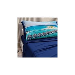 PETTI Artigiani Italiani - Parure de Draps en Coton pour Lit 1 Place et Demi Française avec Taies d'oreiller et Drap Housse 140x200, Motif Maldives Bleu Électrique, 100% Fabriqué en Italie