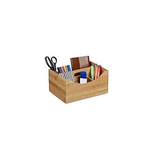 Relaxdays Organiseur de bureau en bambou, Pot &agrave; crayons, 4 compartiments, poign&eacute;e, bois naturel Grain, taille : ca 12 x 25 x 18 cm, Marron naturel