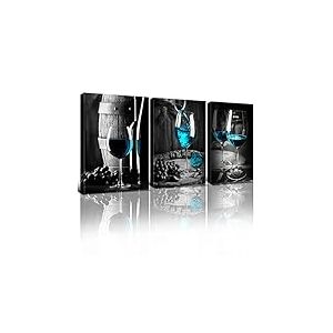 Toile murale &agrave; 3 panneaux &ndash; Impressions sur toile de peintures &agrave; th&egrave;me verre &agrave; vin gris et noir &ndash; Affiches d'art pour d&eacute;coration murale d'int&eacute;rieur : cuisine, salon, salle &agrave; manger, bar, famille, bar