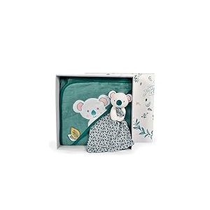 DOUDOU ET COMPAGNIE - Cape de Bain Bébé Doudou Koala - en Coton Doux - Collection YOCA Le Koala - Taille 80x80 cm - Teintes Bleu et Vert Apaisantes pour Enfant - Idée Cadeau avec Boite - DC3954