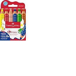 Faber-Castell 110630 Set Grippy, 6 Gros Crayons de Couleurs Enfants, Kit Dessin Facile à Laver, Crayon de Couleurs Enfant de Forme Triangulaire Ergonomique et Épaisseur de 10mm