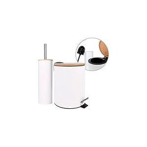 Amig - Set Poubelle et Porte-brosse WC Naturline - &Oslash;168 x 230 mm - Acier et Bambou - Couleur Blanche - Ensemble de Salle de Bain Compact et Coordonn&eacute; - Id&eacute;al pour Espaces Modernes et Naturels
