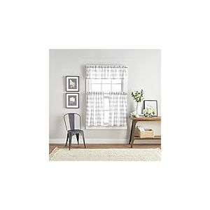 Curtainworks Country Modern Lot de 3 Rideaux rustiques à Carreaux de Buffle pour Cuisine, cantonnière et café, 91,4 cm, Gris et Blanc