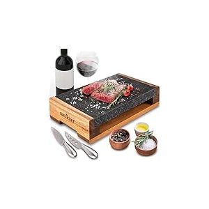 Nutrichef Ensemble de Grillade avec Pierre de Cuisson- Plaque Grésillante en Roche Volcanique pour Steak, BBQ et Viandes Cuit et Retien-Plateau Chauffant pour Servir les Aliments