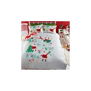 Bedlam - Housse de Couette Motif Père Noël « Please Stop Here » - Lit Double (200 x 200 cm) - Réversible (2 Motifs) - 2 taies d'oreiller incluses - Parure de lit Père Noël, Bonhomme de Neige et Sapin