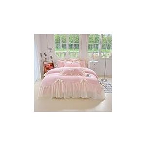 SOUKECHY Parure de lit en Dentelle pour Fille, Housse de Couette Chic &agrave; Volants avec Joli n&oelig;ud, Style Princesse 1 Housse de Couette avec 2 taies d'oreiller, sans Couette, Rose pour Grand lit