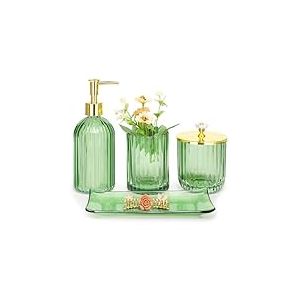 Haturi Ensemble d'accessoires de Salle de Bain en Verre Vert avec Distributeur de Savon, Porte-Brosse &agrave; Dents, Pot d'apothicaire, Plateau de Coiffeuse, d&eacute;coration de Salle de Bain, Cadeau pour Maison